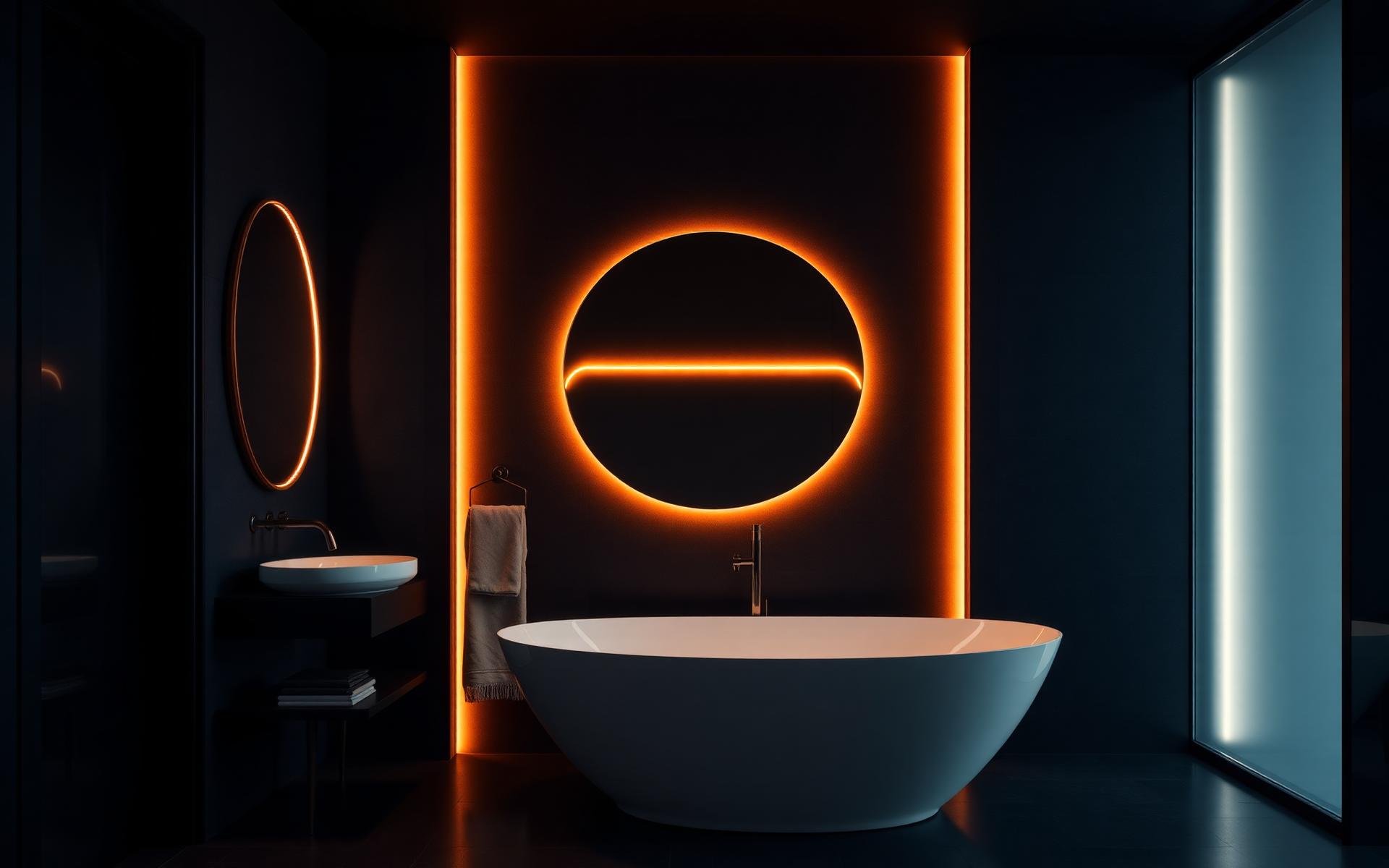 Dark luxury bathroom with warm amber-lit round mirror